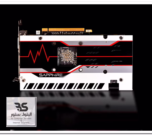 بطاقة رسومات VGA Card Rx 570 8Gb DDR5 من سافير بتصميم أنيق وأسود مع تفاصيل حمراء. مثالية لأداء قوي في الألعاب. البتول ستور