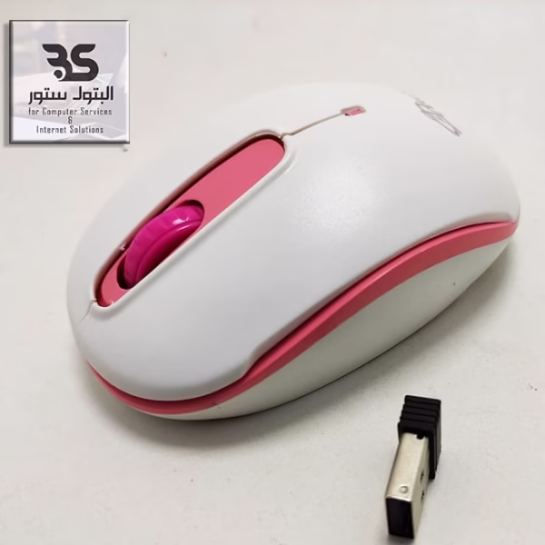 ماوس لاسلكي أبيض وردي Atick A50 بجانب مستقبل USB، مثالي للحواسيب، يجلب السهولة والأناقة لمكتبك. مناسب للاستخدام اليومي. البتول ستور
