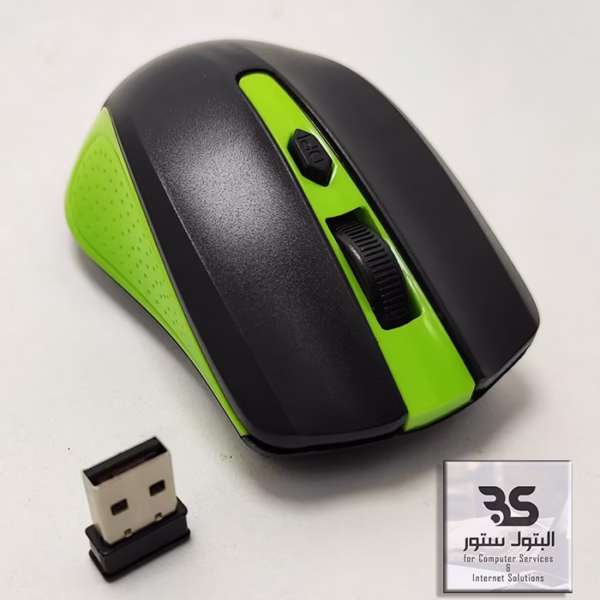 ماوس لاسلكي TP أنيق باللونين الأخضر والأسود مع مستقبل USB صغير، مثالي للتنقل والاستخدام اليومي بكل سهولة. البتول ستور