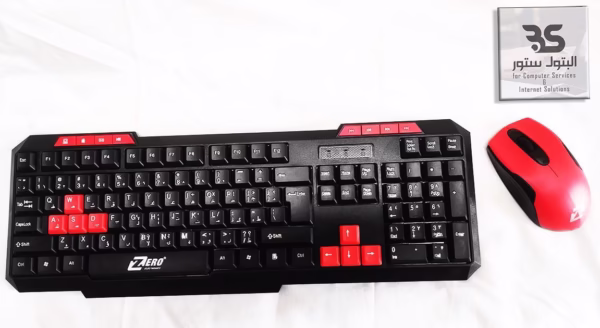 لوحة مفاتيح وماوس Zero ZR5806 لاسلكية بتصميم أنيق وجذاب بالأحمر والأسود، مثالية للاستخدام اليومي والمهام المتعددة. البتول ستور