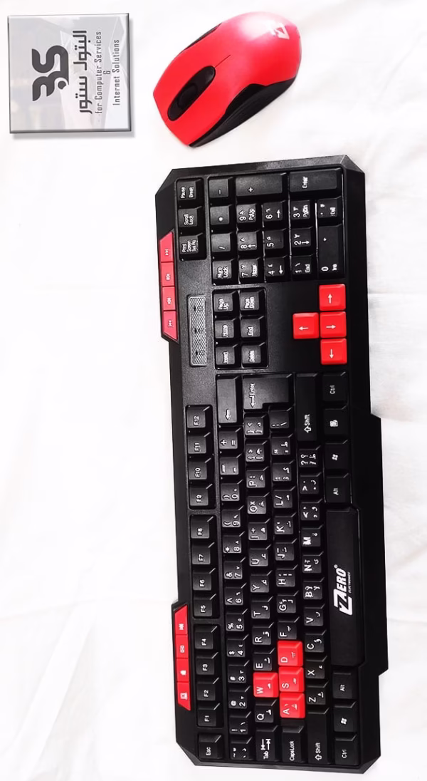 كيبورد وماوس لاسلكي Zero ZR5806 باللون الأحمر والأسود، تصميم عصري ومريح للاستخدام واللعب، يناسب الأجهزة المكتبية واللابتوب. البتول ستور