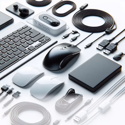 ملحقات كمبيوتر موزعة بدقة تشمل فأرة ولوحة مفاتيح وكابلات USB. مثالية لعشاق التكنولوجيا والترتيب الأنيق. البتول ستور