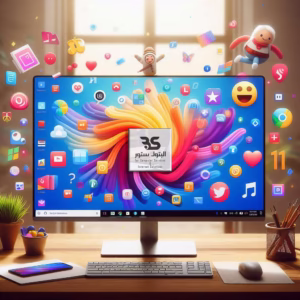 شاشة كمبيوتر تعرض أحدث إصدار من Windows 11 مع العديد من الأيقونات المبهجة، توفر بيئة عمل ملونة وسهلة الاستخدام. البتول ستور