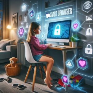 طفلة تجلس أمام جهاز كمبيوتر يتضمن واجهة حماية ذكية، محاطة برموز الأمان، في عالم الإنترنت المظلم: كيف تحمي نفسك من المخاطر الإلكترونية؟ البتول ستور