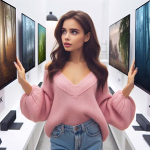 سيدة تتفحص شاشات تلفزيون حديثة في متجر، تتساءل: كيف تختار بين شاشات 2K و4K؟ أجواء مريحة وتجربة تسوق شيقة. البتول ستور