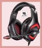 سماعة ألعاب أنيقة باللون الأسود مع إضاءة حمراء وميكروفون مرن، مثالية لجلسات الألعاب الطويلة. توفر صوت عالي الجودة وتجربة رائعة. البتول ستور