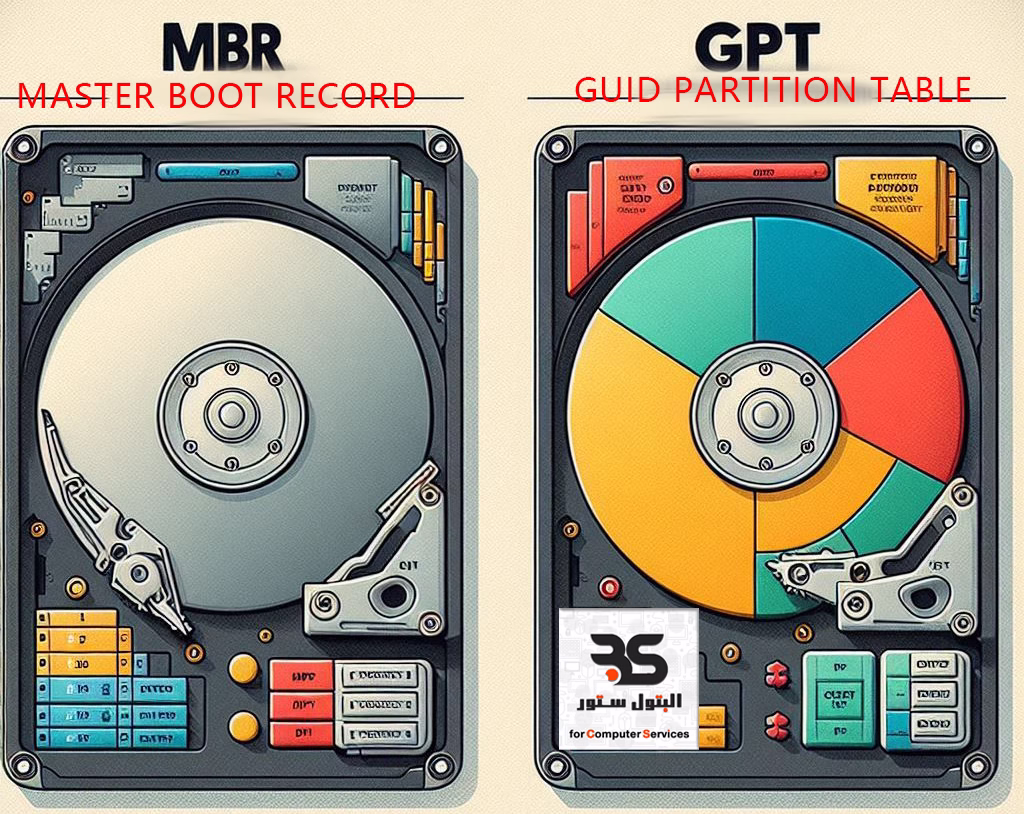 مقارنة بين تقسيمات الهارد ديسك: MBR وGPT، توضح الفرق بين السجلات وجداول الأقسام بالرسوم الملونة والتصاميم التقنية. البتول ستور