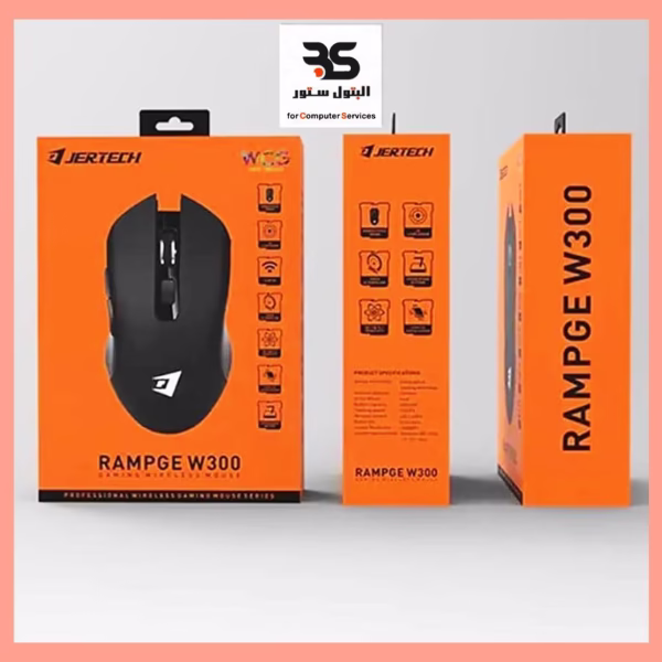 ماوس ألعاب لاسلكي Jertech Rampage معروض بتصميم عصري في علبته البرتقالية الجذابة، مثالي لعشاق الألعاب الباحثين عن الأداء والراحة. البتول ستور