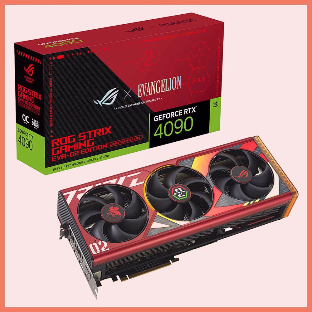 بطاقة رسومات ROG Strix GeForce RTX 4090 إصدار Evangelion، تصميم مميز بألوان حمراء وبنفسجية، مثالية لعشاق الألعاب والأنمي. البتول ستور