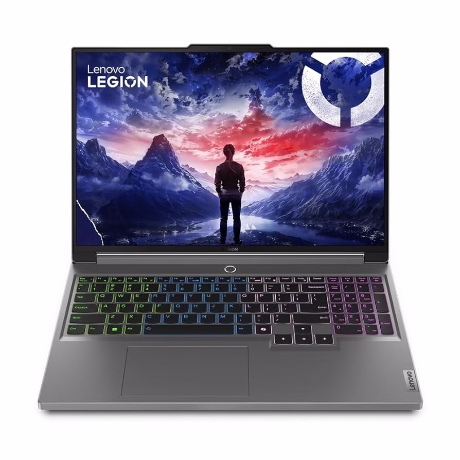 لابتوب لينوفو ليجن يعرض شاشة بمشهد طبيعي خلاب، لوحة مفاتيح بإضاءة RGB. مناسب للألعاب والاستخدامات المتعددة بميزات قوية. البتول ستور